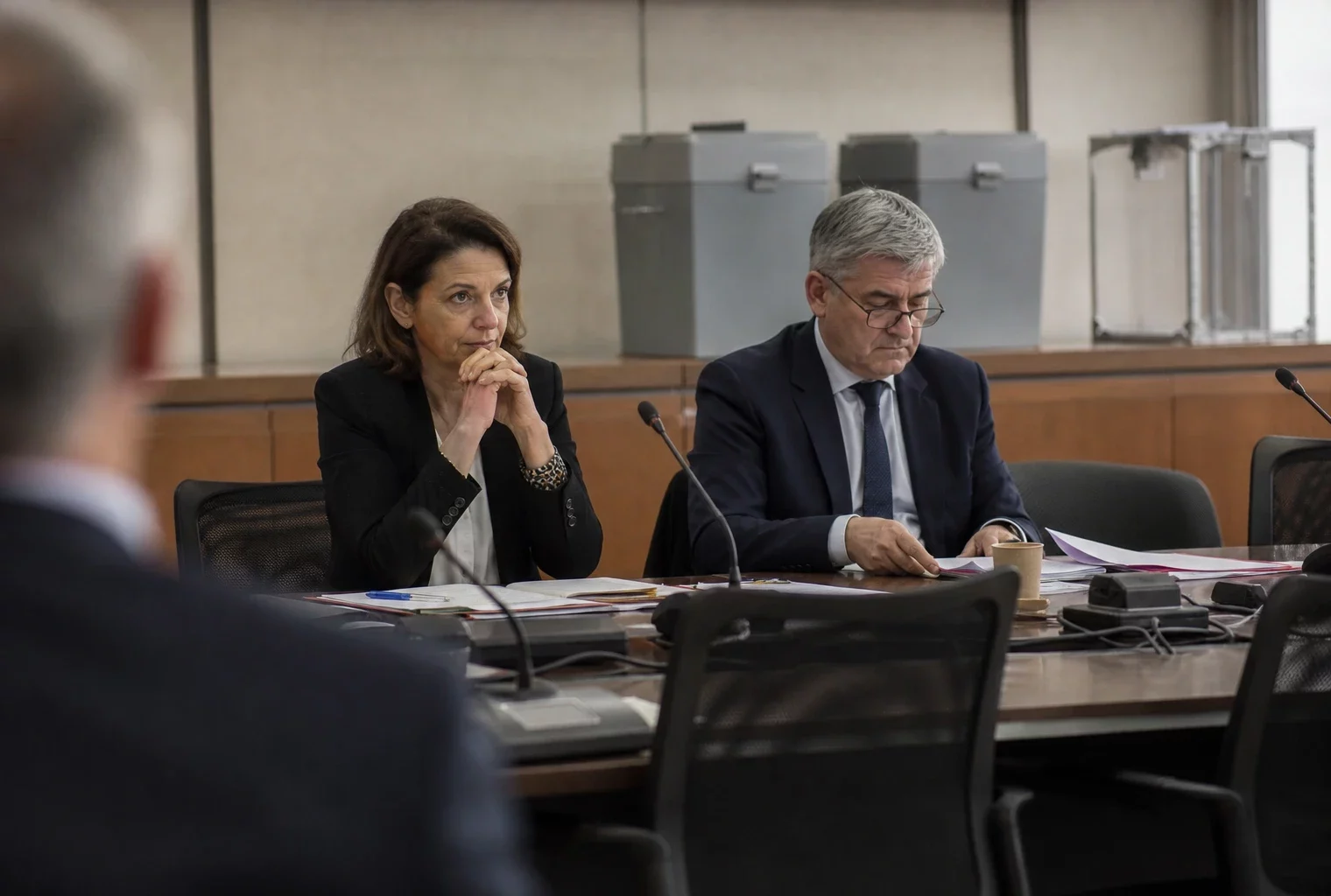 Salle de réunion d’un parti avec table, chaises et dossiers, évoquant une décision interne sur une suspension