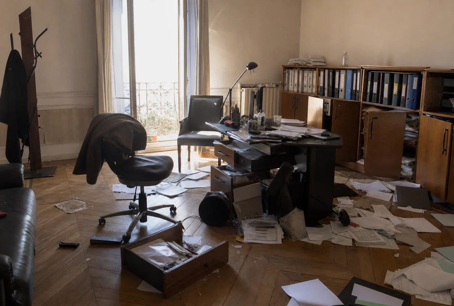 Un bureau en désordre avec des papiers éparpillés et des tiroirs ouverts, évoquant un local de travail endommagé.