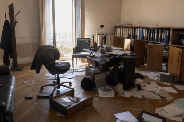 Un bureau en désordre avec des papiers éparpillés et des tiroirs ouverts, évoquant un local de travail endommagé.
