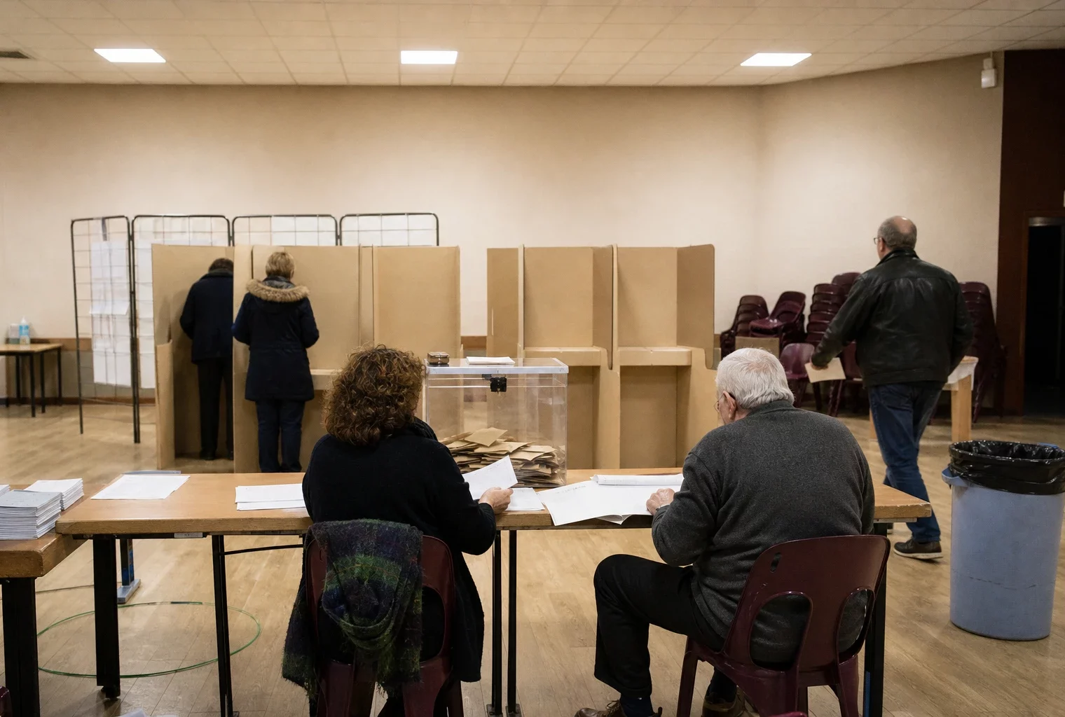 Un bureau de vote municipal avec isoloirs, urne transparente et listes d’émargement dans une salle ordinaire.