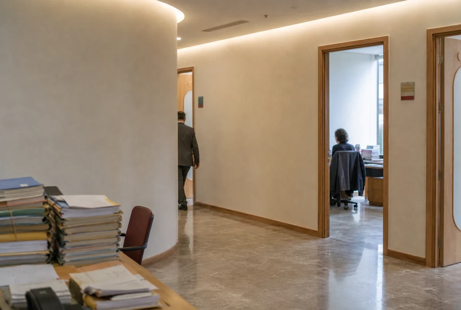 Couloir sobre du Sénat avec portes de bureaux, dossiers empilés et quelques collaborateurs au travail, lumière diffuse.