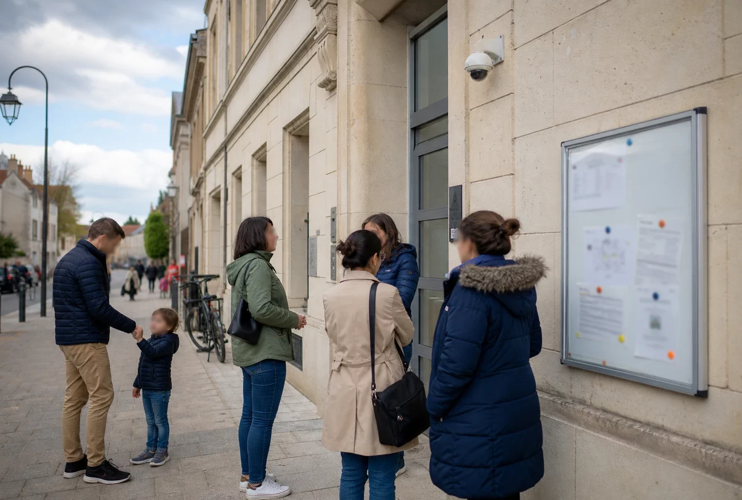 Parents et agents municipaux échangent devant une mairie française équipée d’une caméra de sécurité discrète