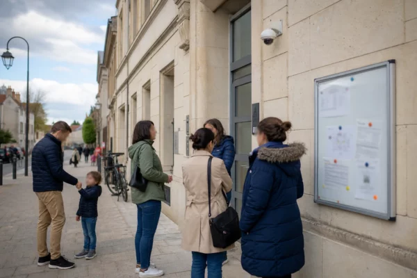 Parents et agents municipaux échangent devant une mairie française équipée d’une caméra de sécurité discrète