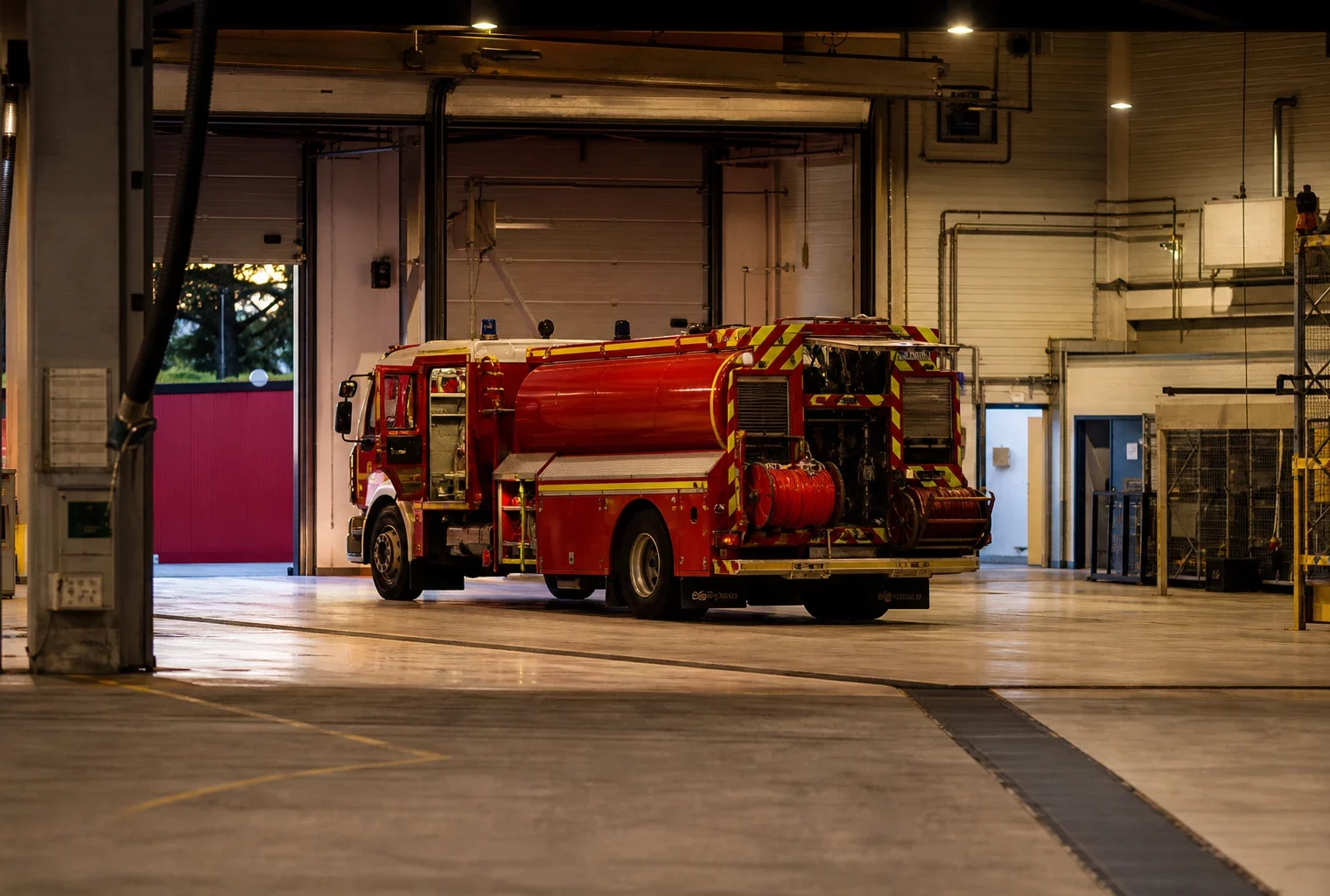 Un camion-citerne de pompiers garé dans la remise d’une caserne, avec les équipements de service visibles.