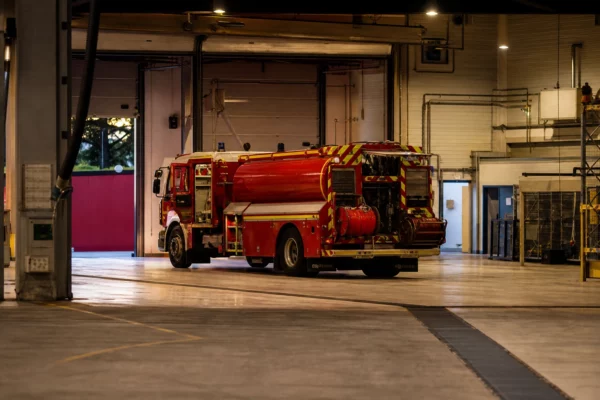 Un camion-citerne de pompiers garé dans la remise d’une caserne, avec les équipements de service visibles.