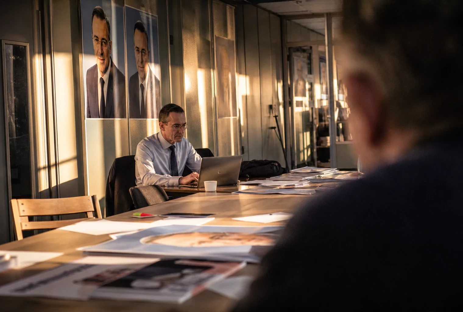 Dans une permanence de campagne, des affiches et une table de réunion illustrent la stratégie de la droite pour 2027.