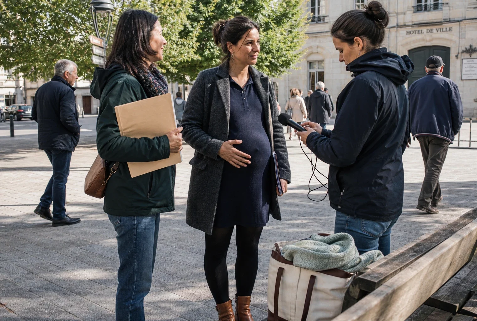 Candidate enceinte échangeant avec son équipe sur une place de commune française, entre campagne politique et maternité
