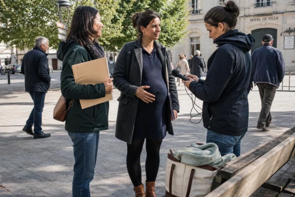 Candidate enceinte échangeant avec son équipe sur une place de commune française, entre campagne politique et maternité