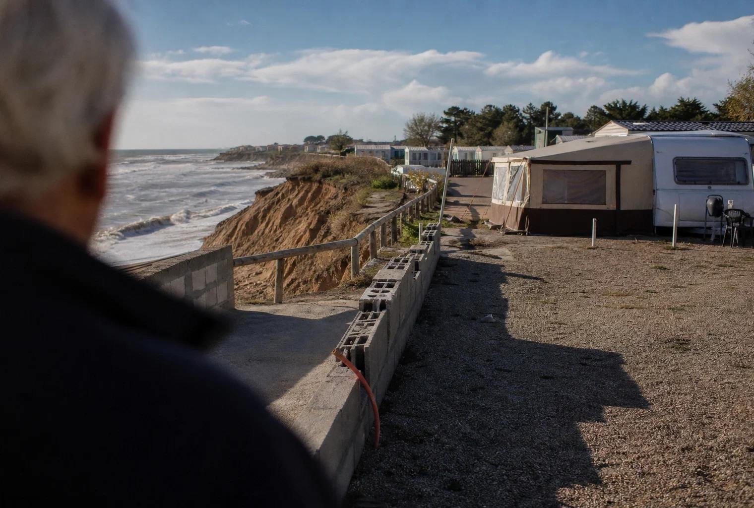 Un camping en bord de mer menacé par l’érosion côtière, avec des emplacements vides près de la plage.
