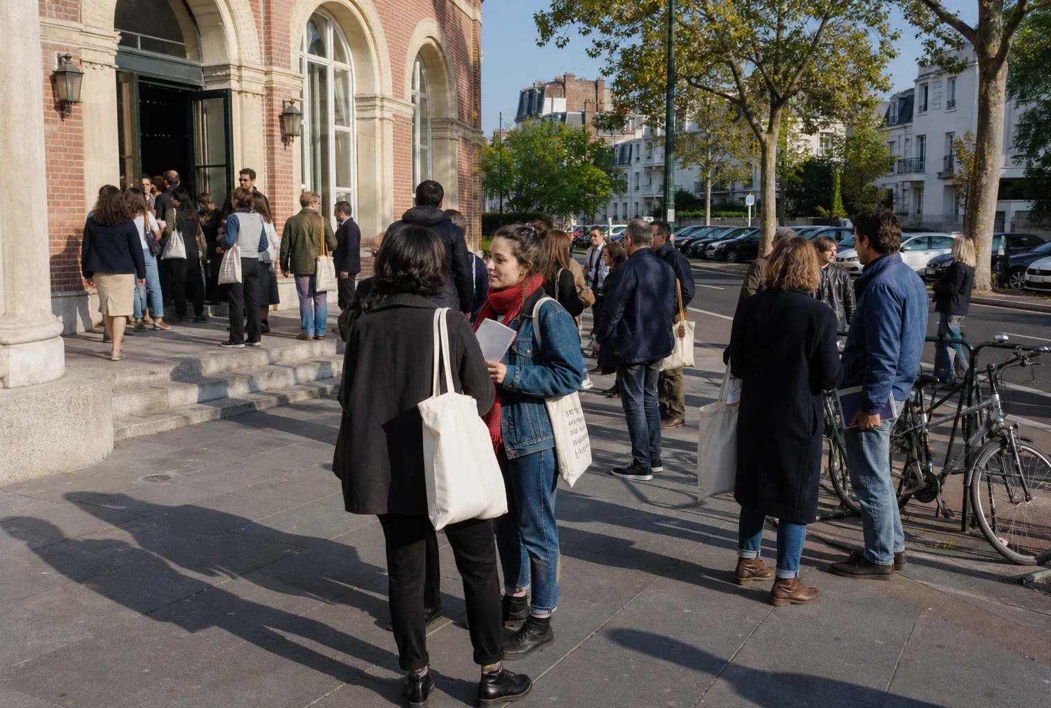 Jeunes militants anonymes réunis devant un lieu public à Nogent-sur-Marne avant une réunion politique
