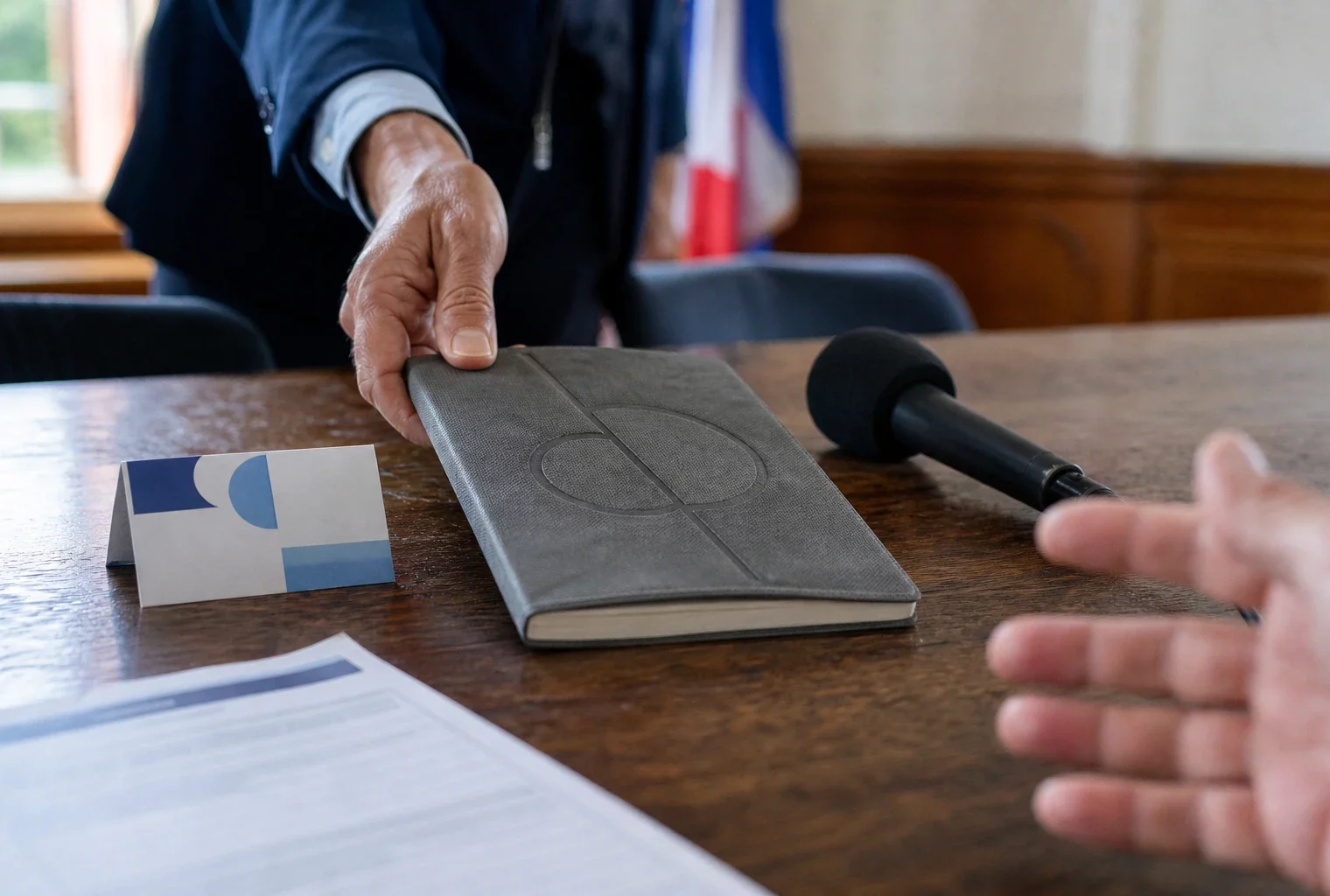 Main anonyme près d’un carnet de campagne et d’un micro de presse dans une salle municipale française