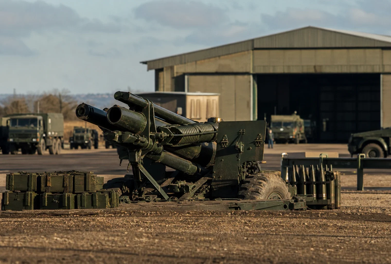 Canon d’artillerie sur base militaire, caisses de munitions au premier plan, hangar et véhicules en arrière-plan.