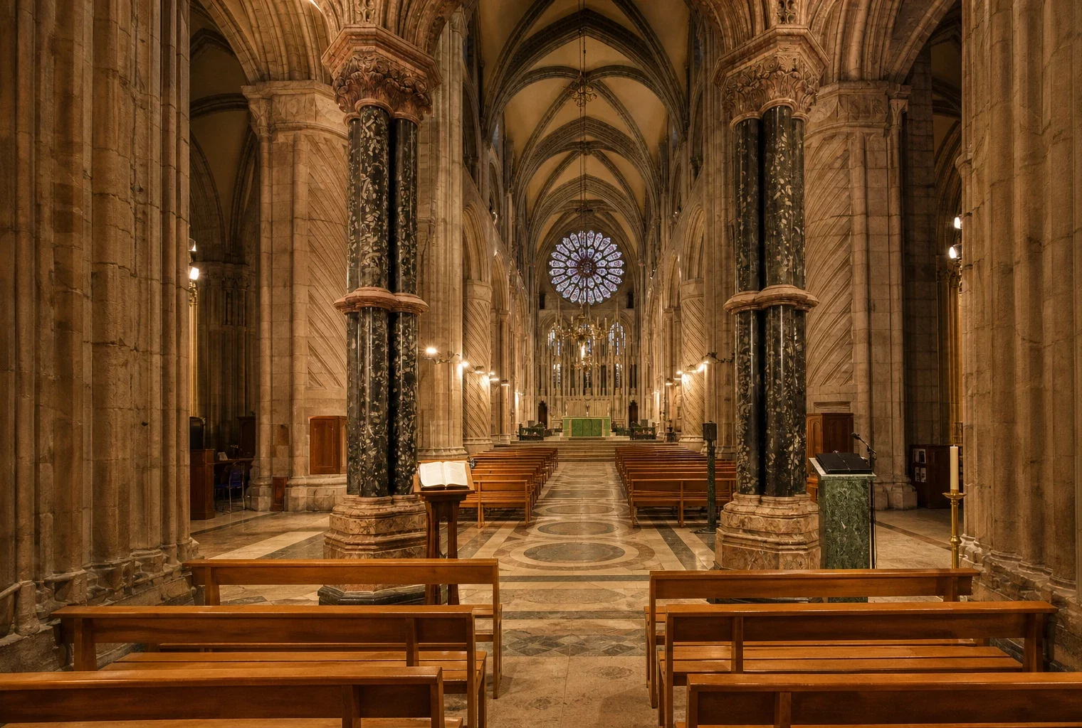 Intérieur de la cathédrale Saint-Étienne de Metz, bancs vides, chœur et autel au fond sous lumière chaude du soir.