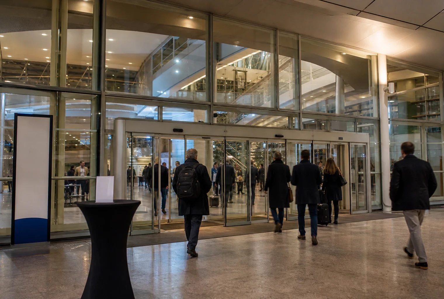 Hall du centre des congrès Robert-Schuman à Metz, avec façade vitrée, visiteurs flous et lumière chaude de soirée.