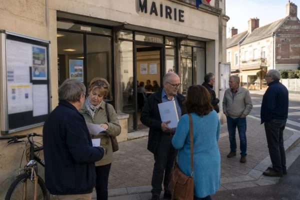 Habitants anonymes devant une mairie d’une ville moyenne, scène civique française en lumière naturelle