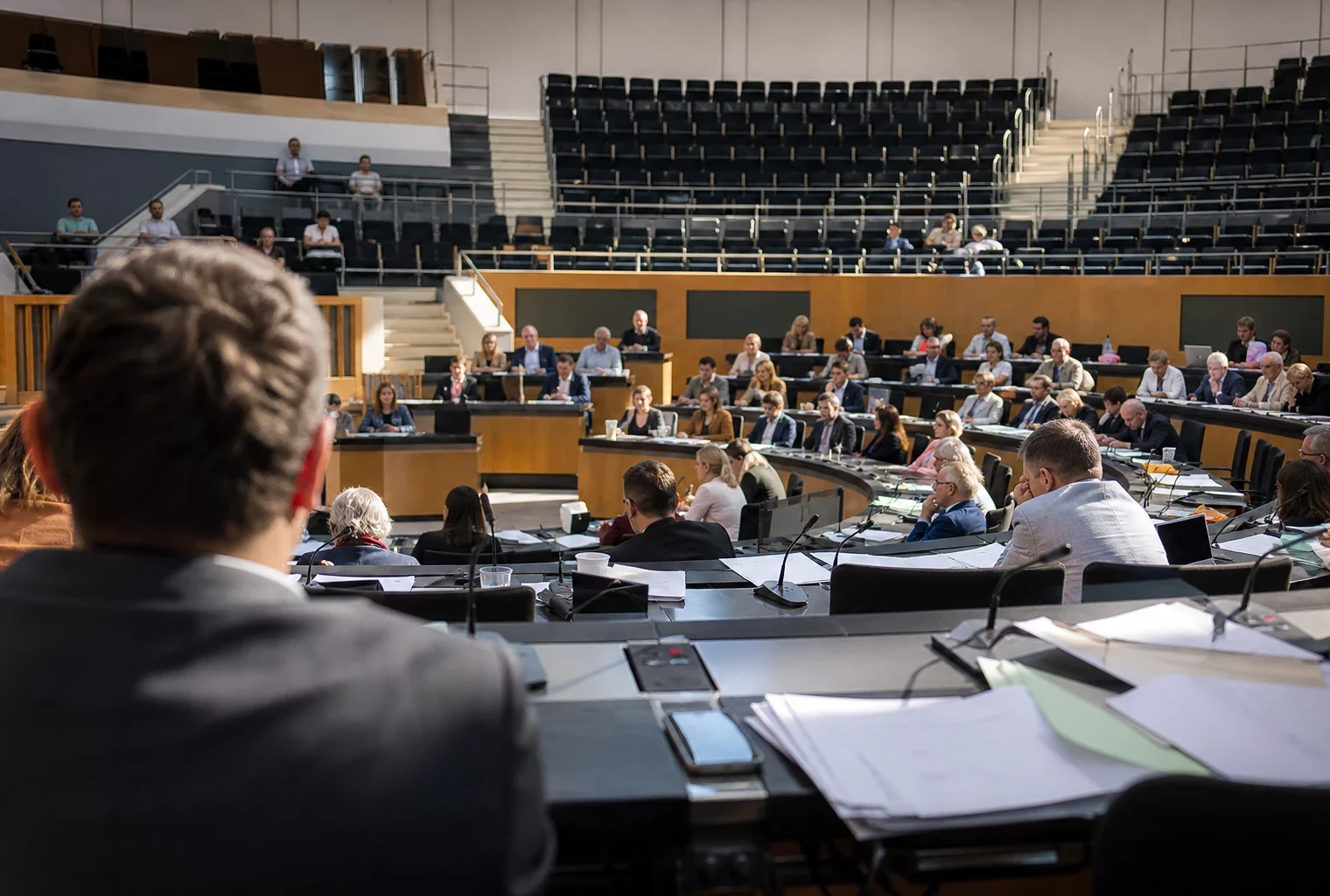 L’hémicycle du parlement régional de Berlin, avec ses pupitres et micros, illustrant le vote régional.