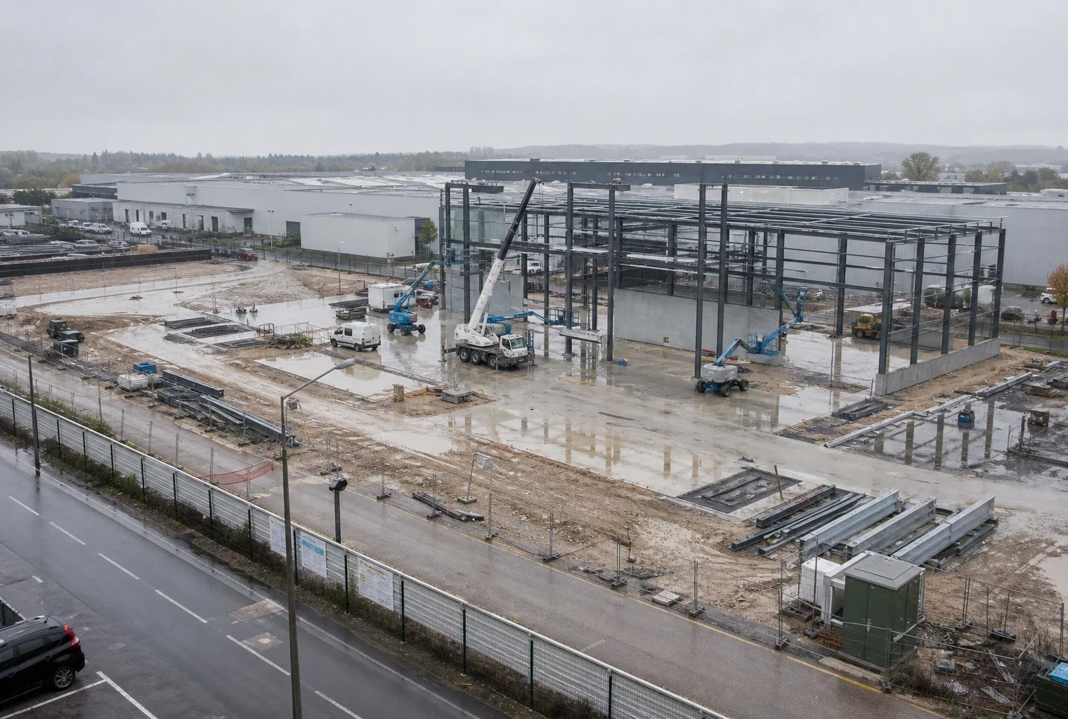 Chantier d’usine dans une zone industrielle, avec charpente métallique et engins de travaux.