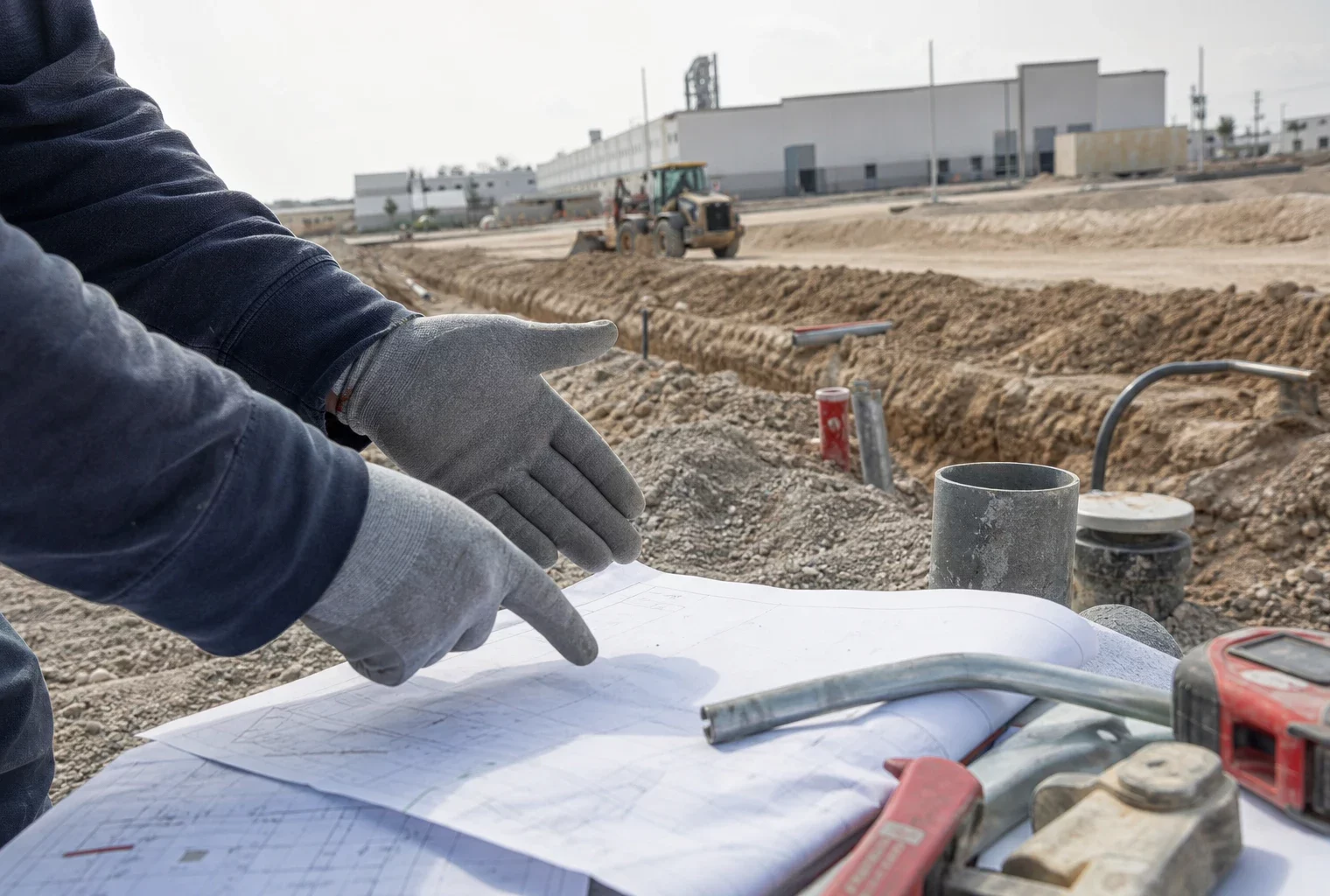 Mains gantées au premier plan sur un chantier industriel, avec engins, tranchées et hangars en arrière-plan.