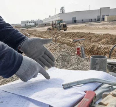 Mains gantées au premier plan sur un chantier industriel, avec engins, tranchées et hangars en arrière-plan.