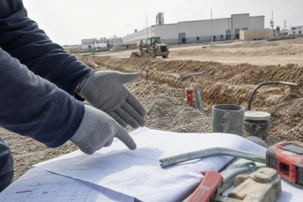 Mains gantées au premier plan sur un chantier industriel, avec engins, tranchées et hangars en arrière-plan.