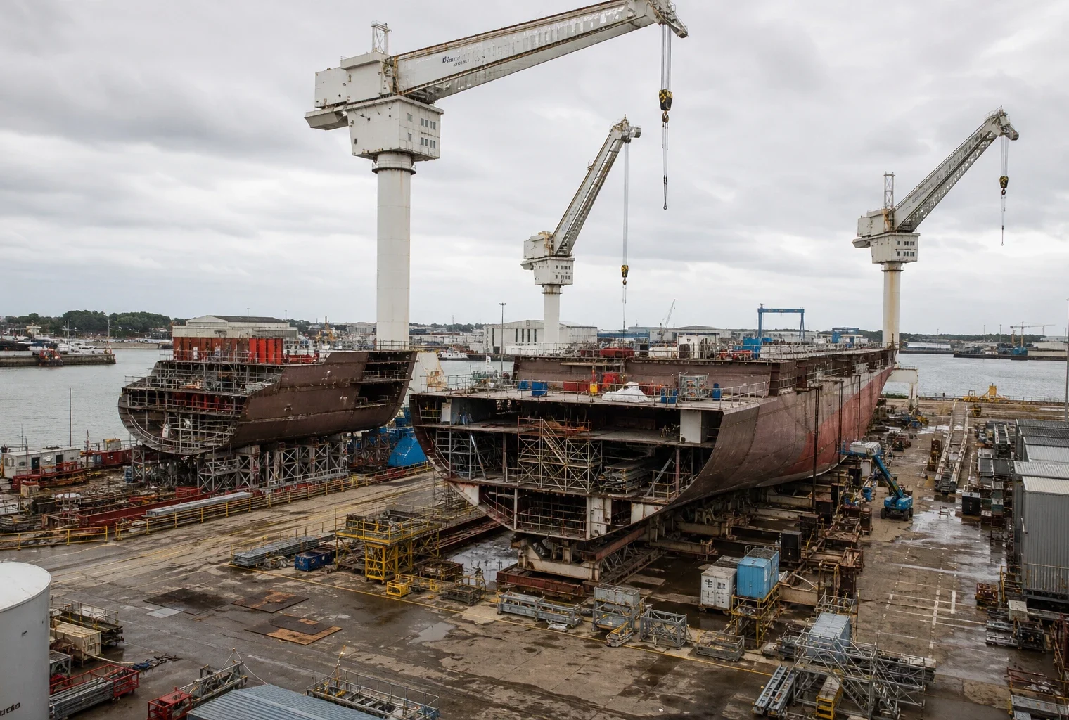 Vue d’un chantier naval à Saint-Nazaire, avec grues, quais et structures métalliques de construction.
