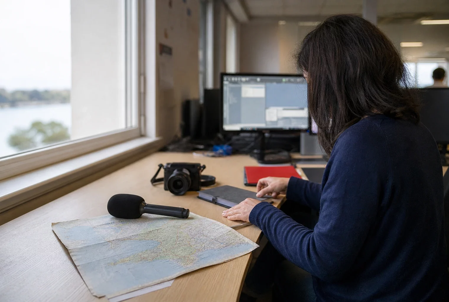 Journaliste préparant un sujet territorial dans une rédaction locale bretonne, avec carnet, micro et carte papier floue