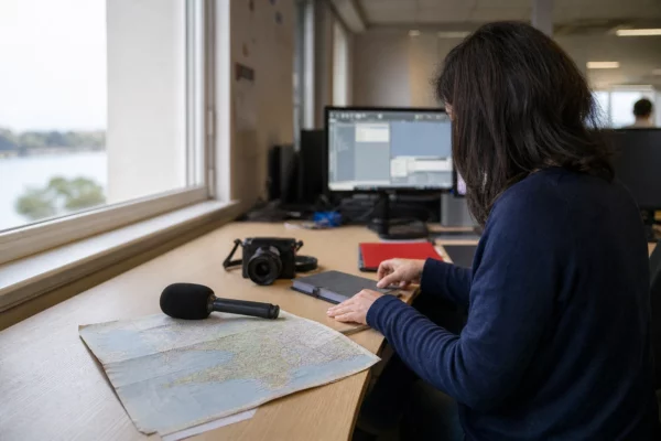 Journaliste préparant un sujet territorial dans une rédaction locale bretonne, avec carnet, micro et carte papier floue