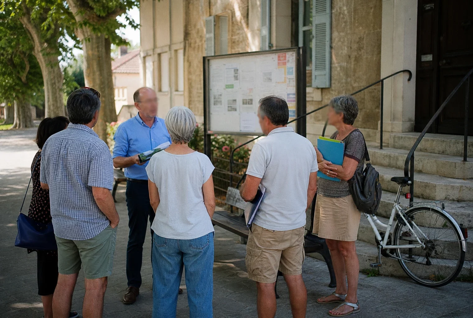 Citoyens échangeant devant une mairie française sur l’adaptation aux fortes chaleurs et au changement climatique