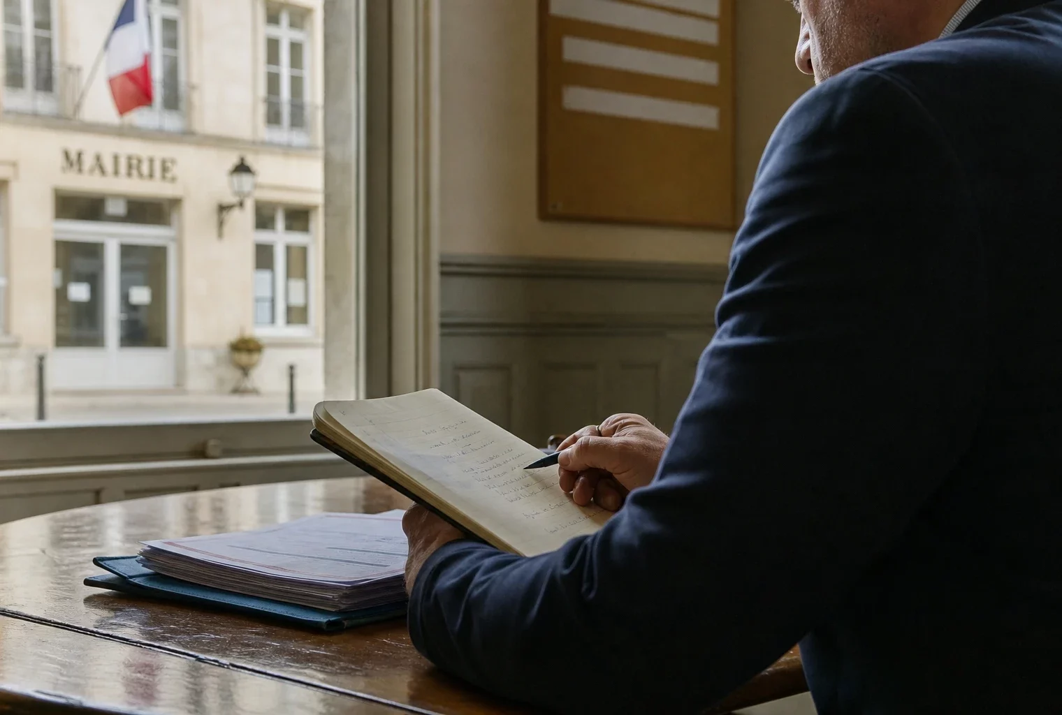 Élu local anonyme prenant des notes dans une mairie française avant une discussion politique