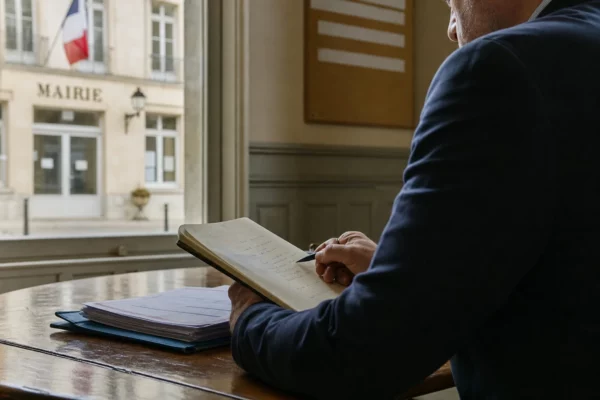Élu local anonyme prenant des notes dans une mairie française avant une discussion politique