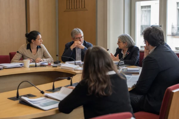 Réunion de commission parlementaire sur l’acétamipride, avec élus anonymes, micros et dossiers agricoles