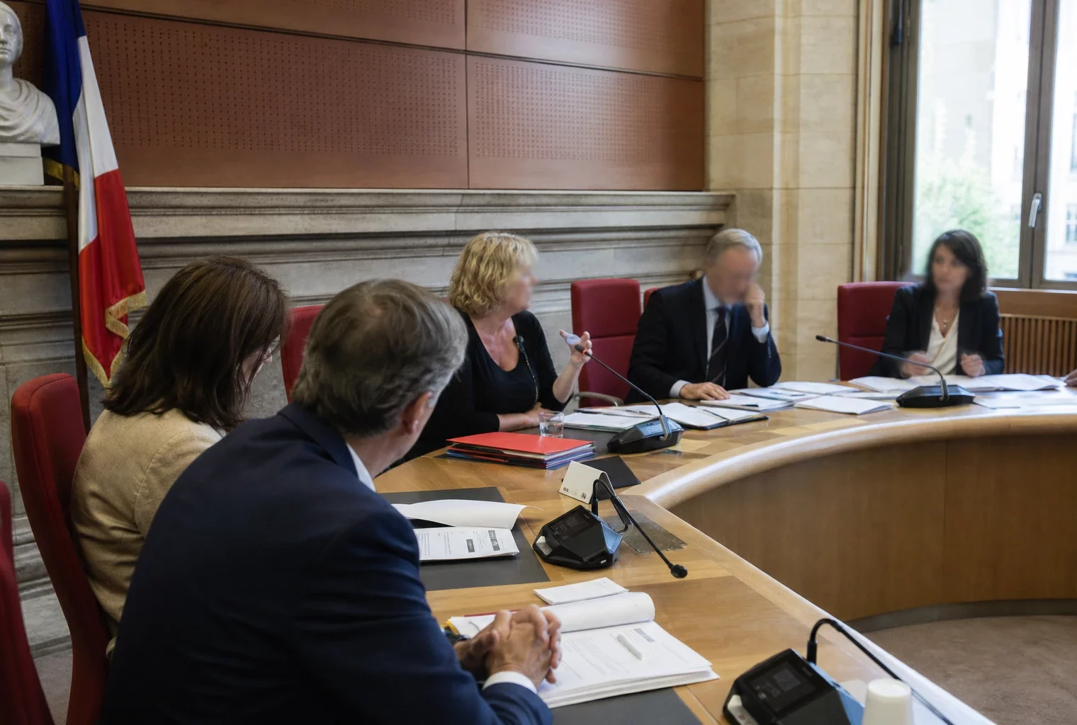 Réunion de commission parlementaire française sur la laïcité, avec élus anonymes, micros et dossiers autour d’une table