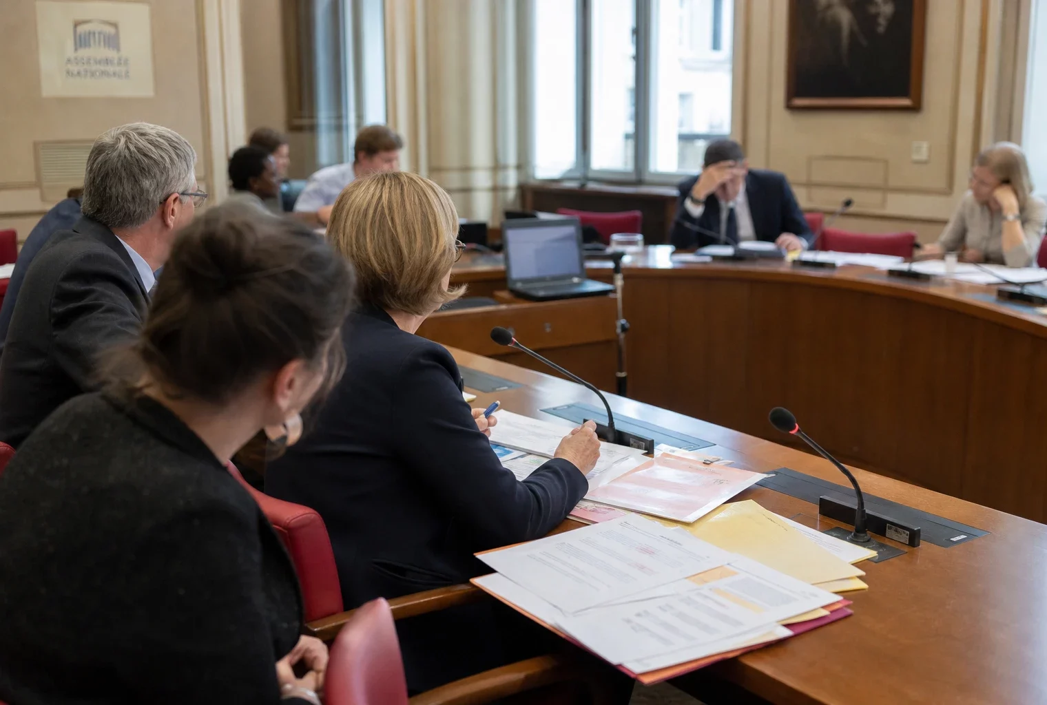 Réunion de commission parlementaire française sur les parrainages présidentiels, avec élus anonymes, micros et dossiers
