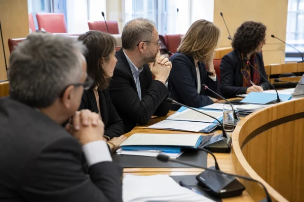Réunion de commission parlementaire sur la protection des mineurs en ligne, avec micros et dossiers anonymisés