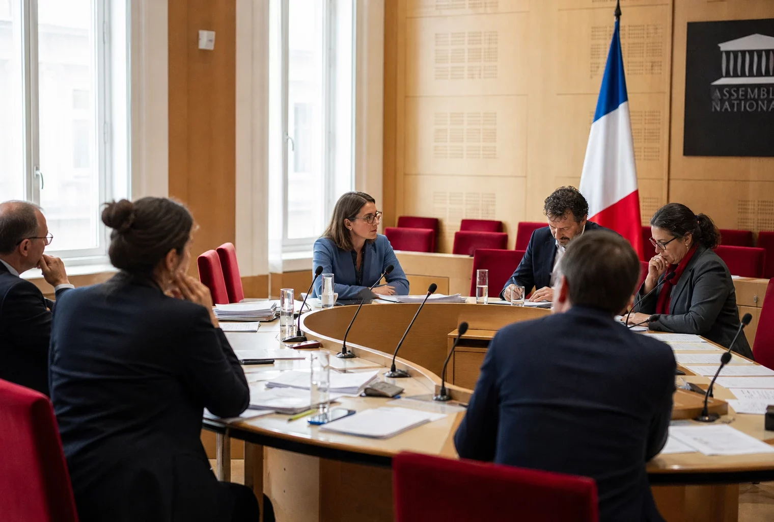 Réunion de commission parlementaire française sur le voile, avec élus anonymes, micros et dossiers autour d’une table