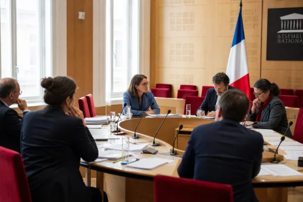 Réunion de commission parlementaire française sur le voile, avec élus anonymes, micros et dossiers autour d’une table