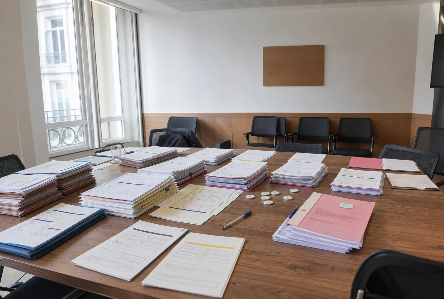 Salle de commission avec dossiers et feuilles de validation pour la primaire socialiste.