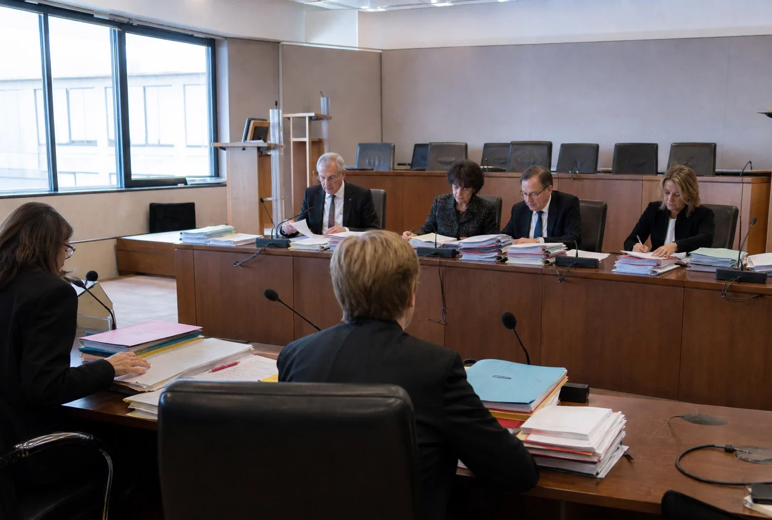 Salle de réunion judiciaire avec dossiers, micros de table et chaises alignées pour l’examen d’une plainte contre un ministre