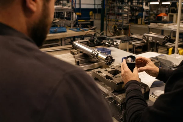 Atelier d’assemblage avec des composants d’équipement de défense et du matériel industriel en arrière-plan.