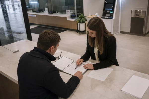 Guichet d’agence bancaire avec dossier d’ouverture de compte, formulaires et stylo sur le comptoir, ambiance grise et pluvieuse.