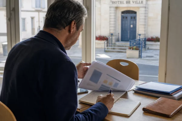 Élu local anonyme examinant un dossier sur les retraites dans une mairie française lumineuse