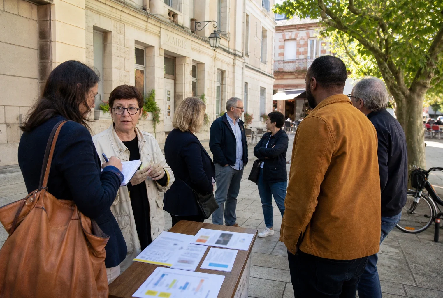 Habitants et élus anonymes échangent sur une place de commune française autour de la présidentielle de 2027.