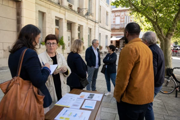 Habitants et élus anonymes échangent sur une place de commune française autour de la présidentielle de 2027.