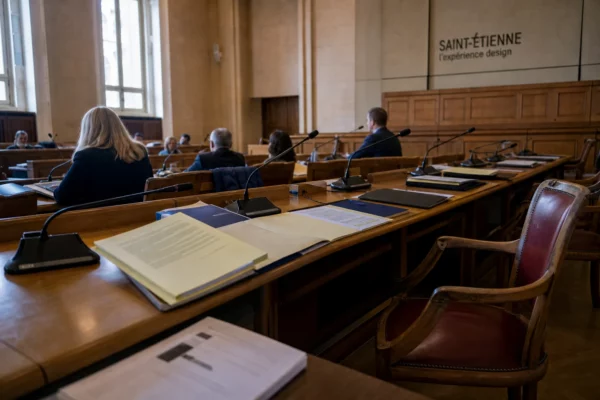 Salle de conseil municipal française avec une chaise vide, des micros et des dossiers après une condamnation politique
