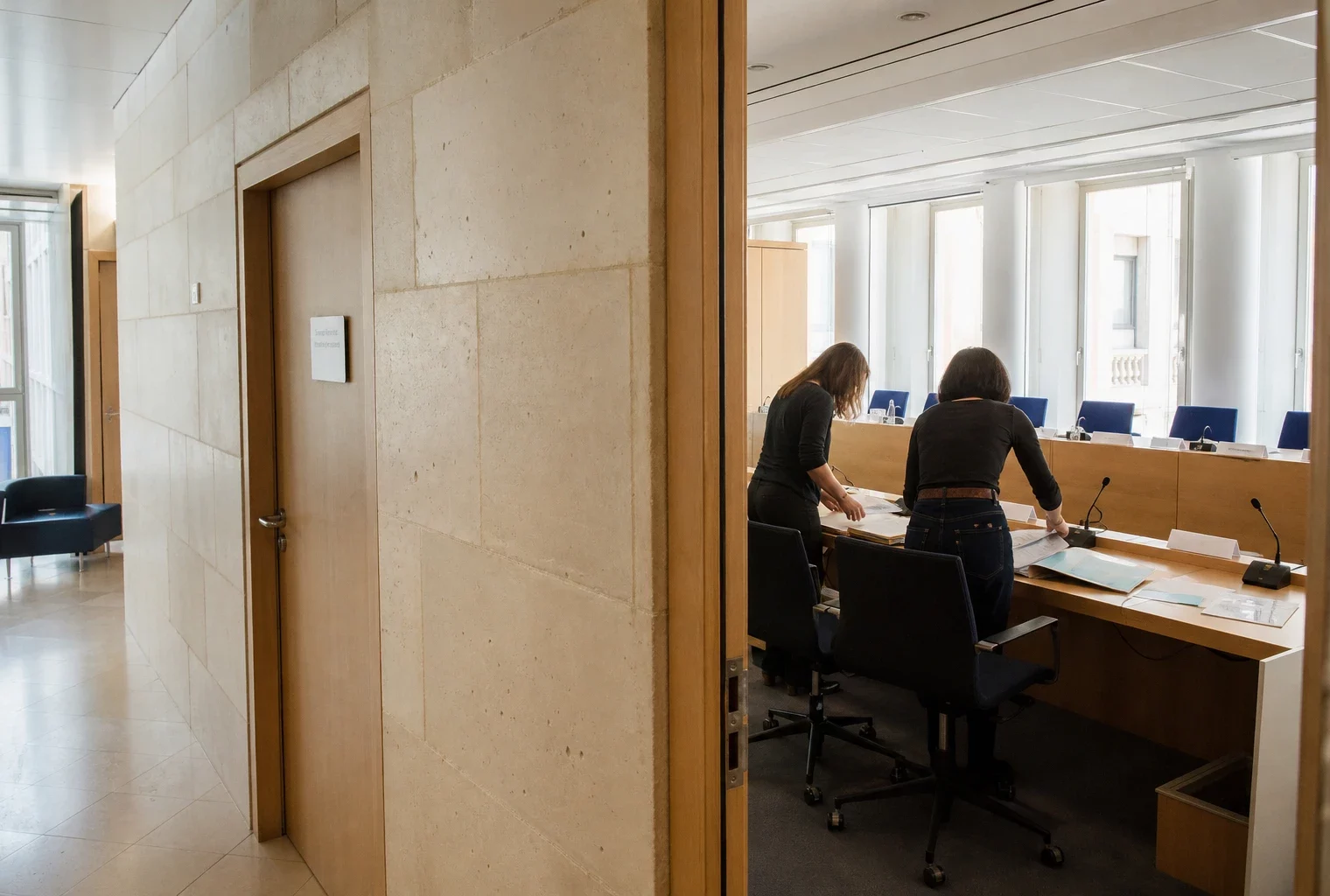 Hall clair d’une institution française avec salle d’audition et agents anonymes préparant des dossiers