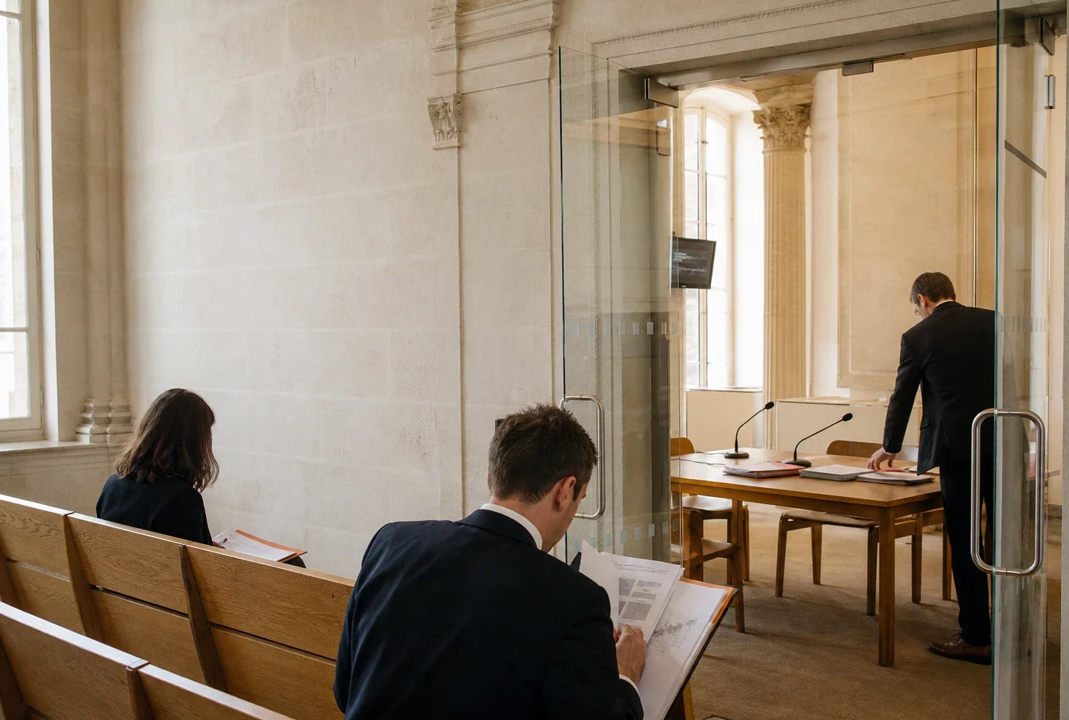 Hall institutionnel français menant à une salle d’audition, avec micros et dossiers avant un débat constitutionnel