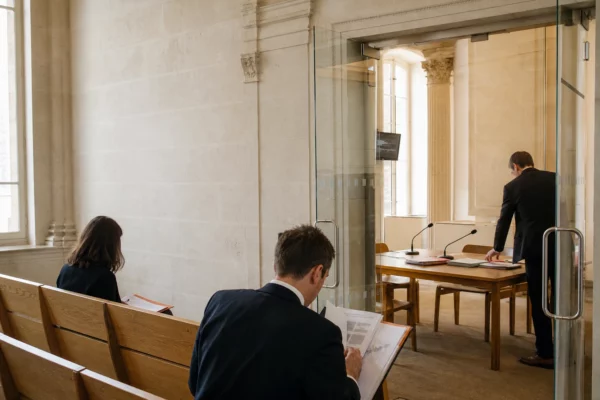 Hall institutionnel français menant à une salle d’audition, avec micros et dossiers avant un débat constitutionnel