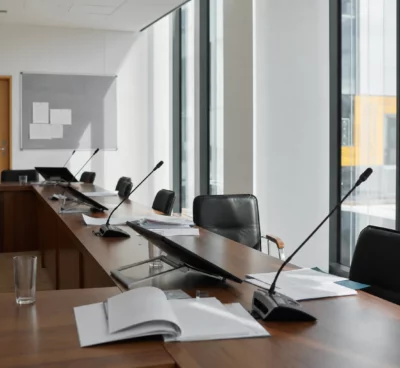 Salle de commission vide aux Ecologistes, table de réunion, dossiers ouverts, micros et portes closes dans une lumière dure.