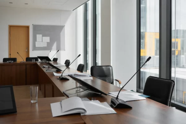 Salle de commission vide aux Ecologistes, table de réunion, dossiers ouverts, micros et portes closes dans une lumière dure.