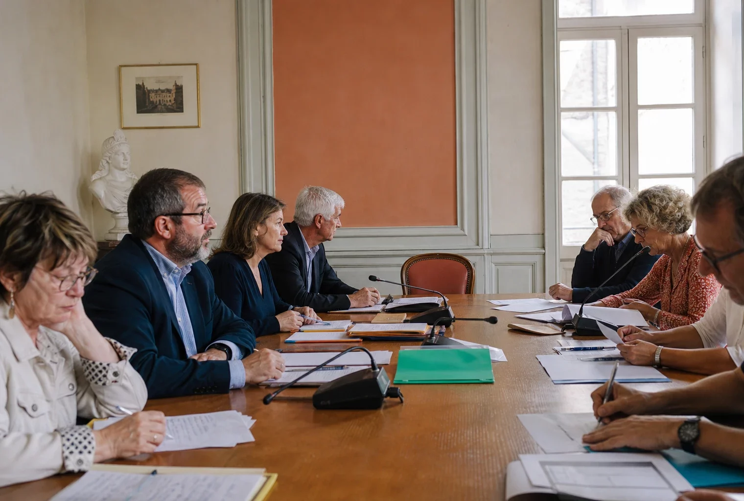 Salle de conseil municipal française avec une chaise vide, des micros et des dossiers sous une lumière naturelle claire